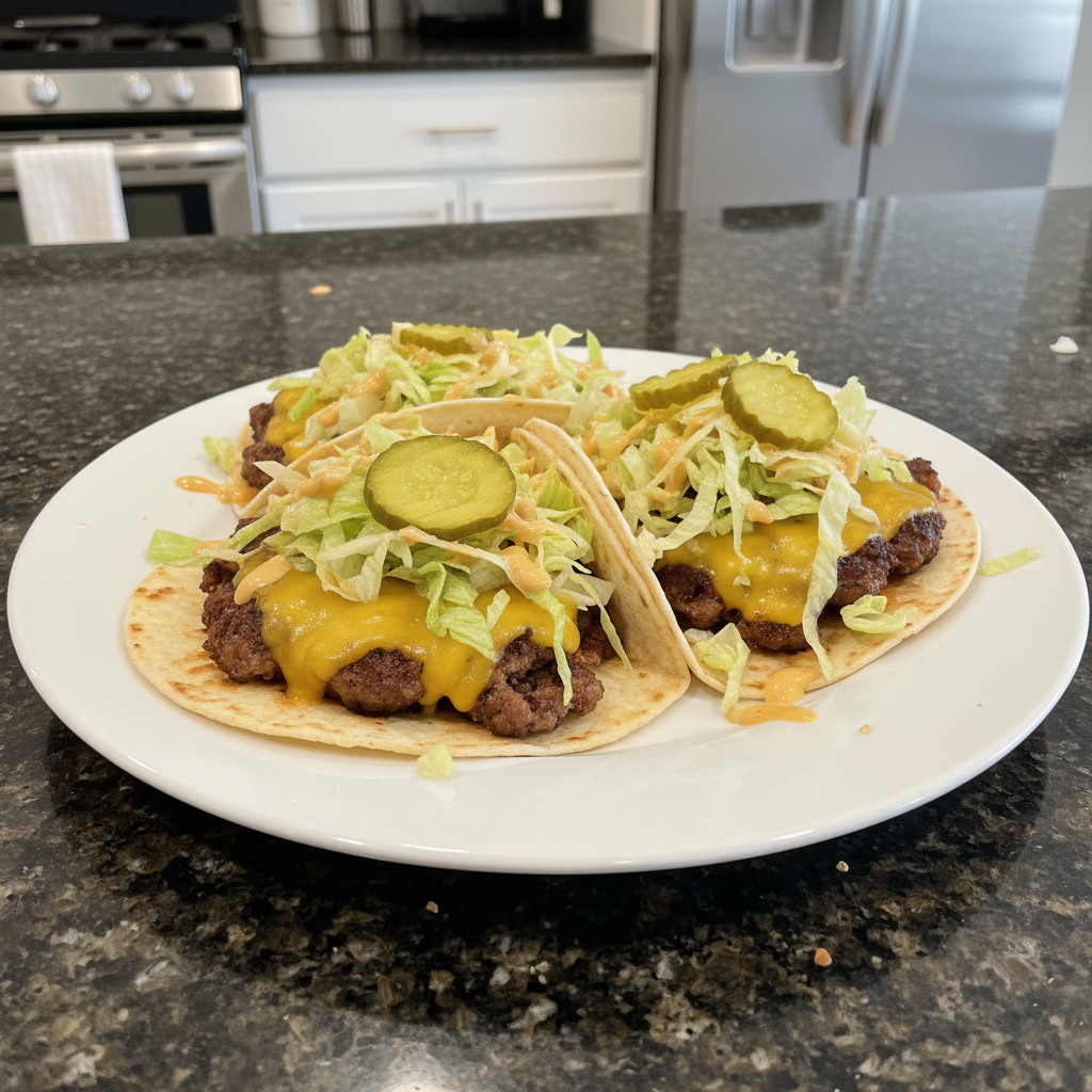 A stack of mouth-watering Big Mac Smash Tacos with special sauce, shredded lettuce, and pickles, ready to eat.