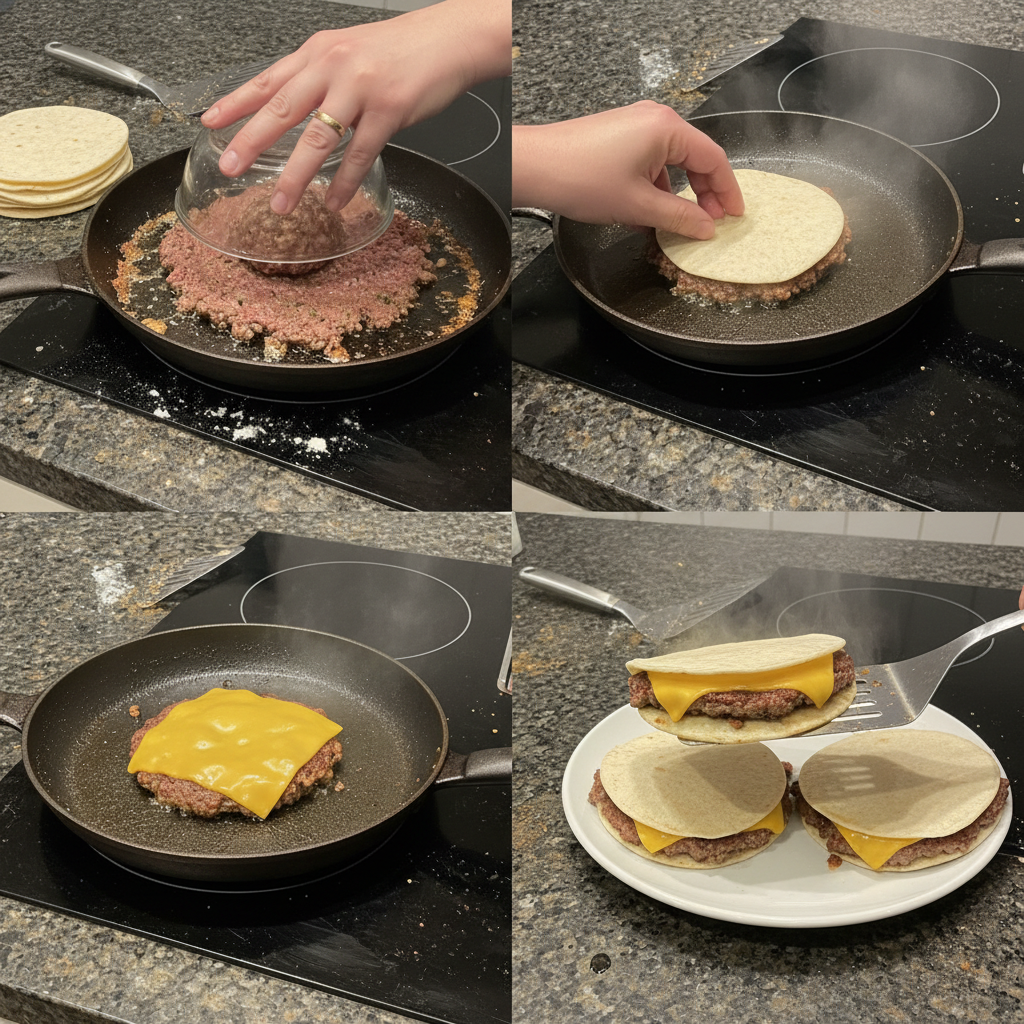 Ground beef being smashed thinly onto a tortilla on a hot griddle, a key step for Big Mac Smash Tacos.