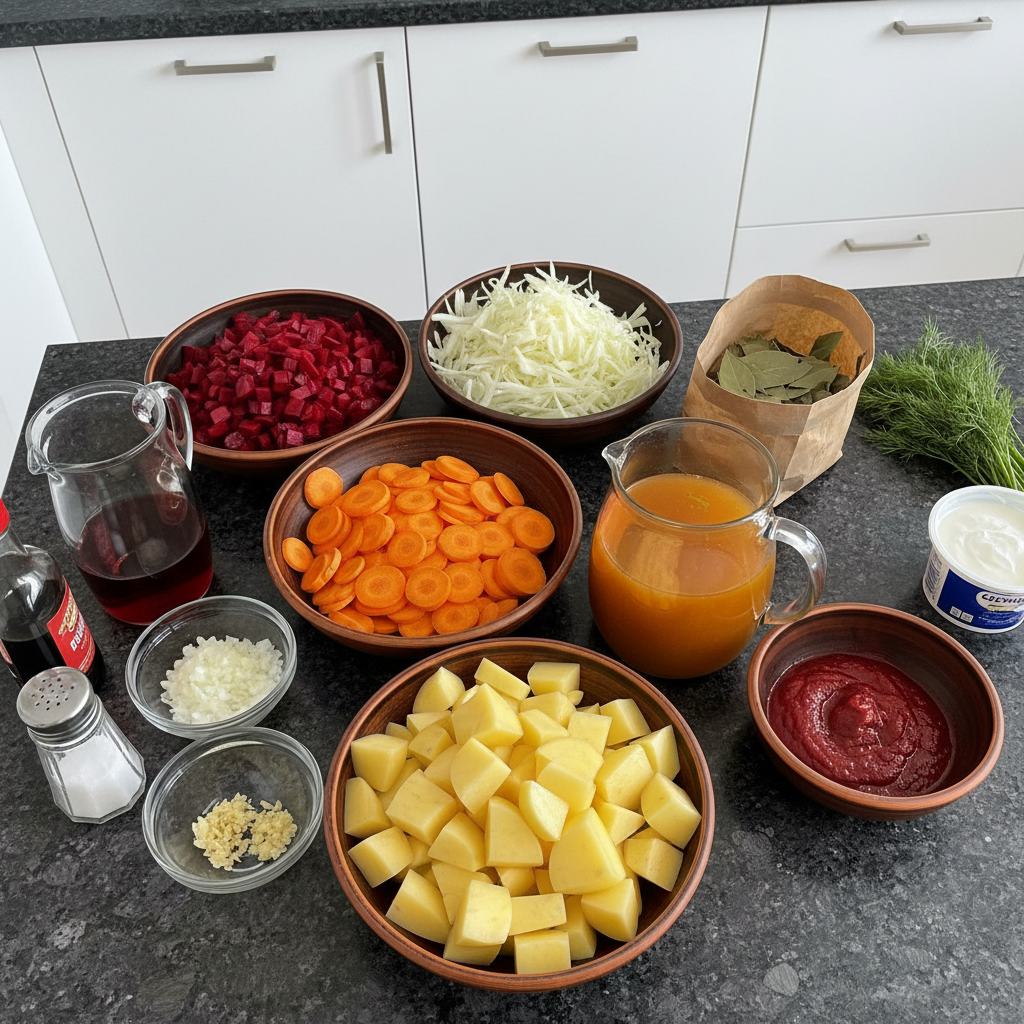 Fresh, vibrant ingredients for a classic borscht soup recipe laid out, including beets, cabbage, carrots, potatoes, and dill.