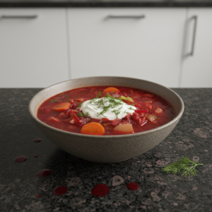 A vibrant red bowl of traditional borscht soup recipe, garnished with a dollop of sour cream and fresh dill, ready to be enjoyed.