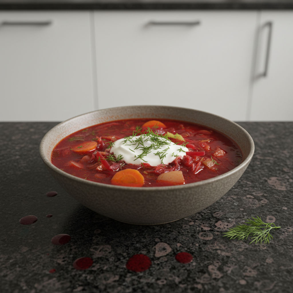 A vibrant red bowl of traditional borscht soup recipe, garnished with a dollop of sour cream and fresh dill, ready to be enjoyed.