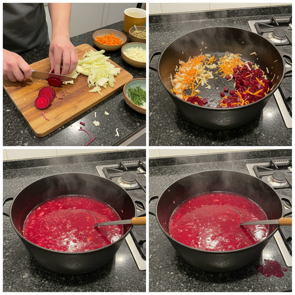 Hands dicing fresh beets and cabbage for a borscht soup recipe on a wooden cutting board.
