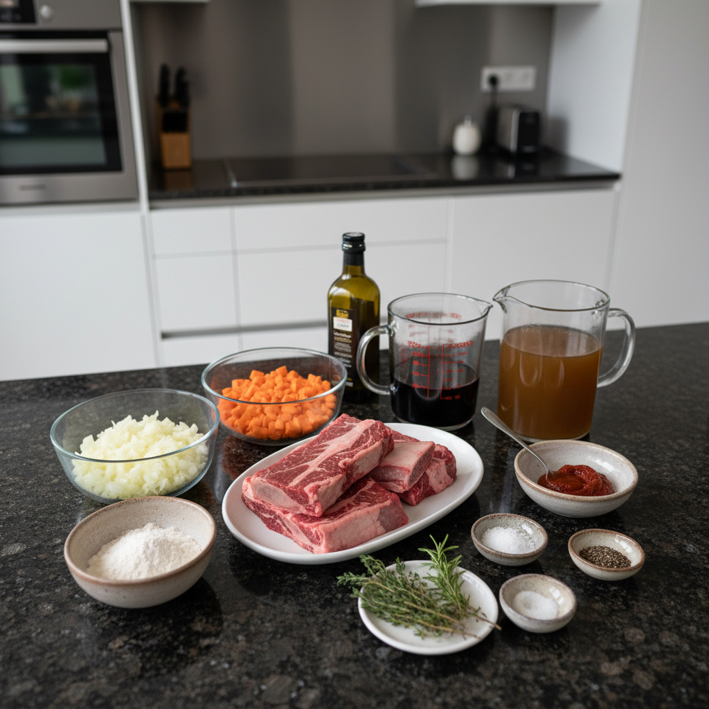 An overhead view of fresh beef short ribs, aromatic vegetables, and herbs laid out for braised short ribs preparation.