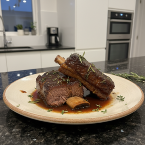 A close-up of tender braised short ribs served with creamy mashed potatoes and fresh herbs, ready to be enjoyed.