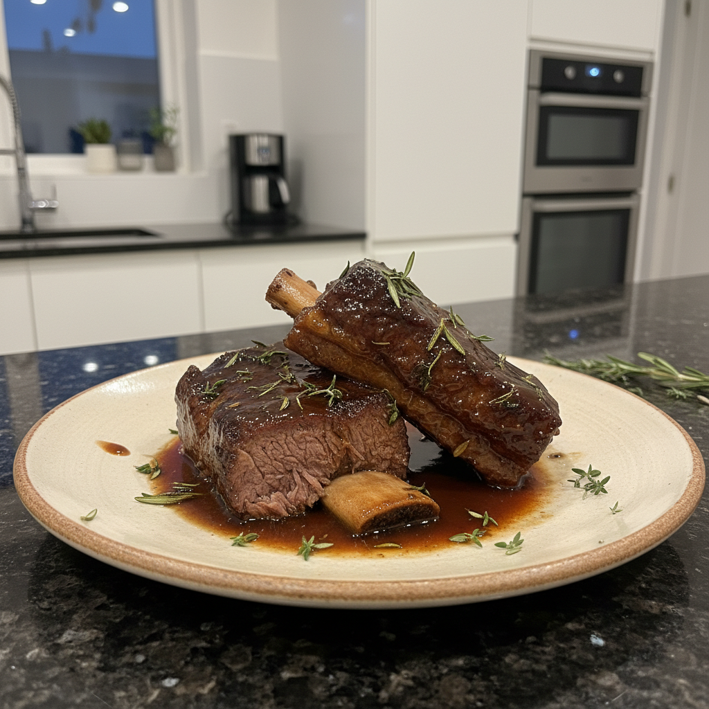 A close-up of tender braised short ribs served with creamy mashed potatoes and fresh herbs, ready to be enjoyed.