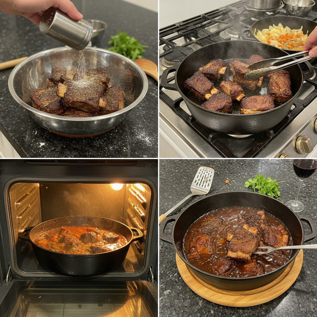 Seared beef short ribs browning in a Dutch oven with mirepoix, forming the flavor base for delicious braised short ribs.
