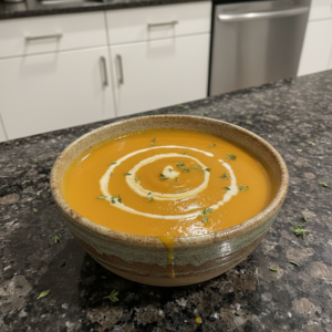 A creamy bowl of golden butternut squash soup recipe, garnished with fresh herbs and a swirl of cream.