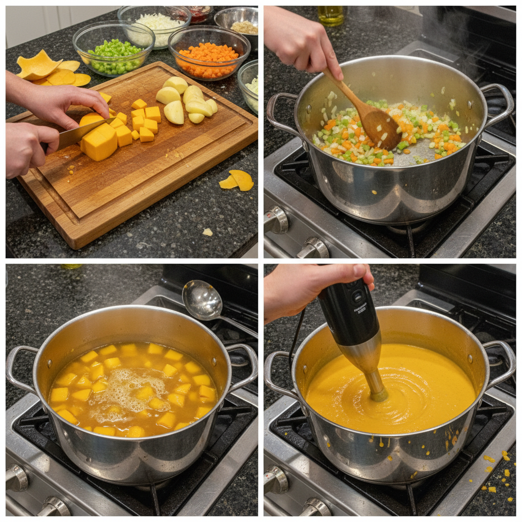 Chopping fresh butternut squash on a cutting board, preparing for a homemade butternut squash soup recipe.