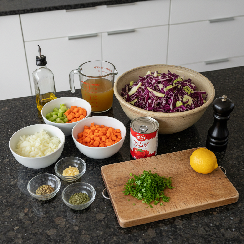 Fresh vegetables and spices laid out for a vibrant cabbage soup recipe, including green cabbage, carrots, and diced tomatoes.