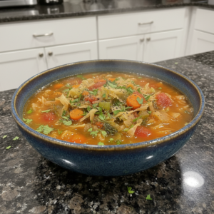 A steaming bowl of hearty cabbage soup recipe, garnished with fresh dill, served in a rustic ceramic bowl.