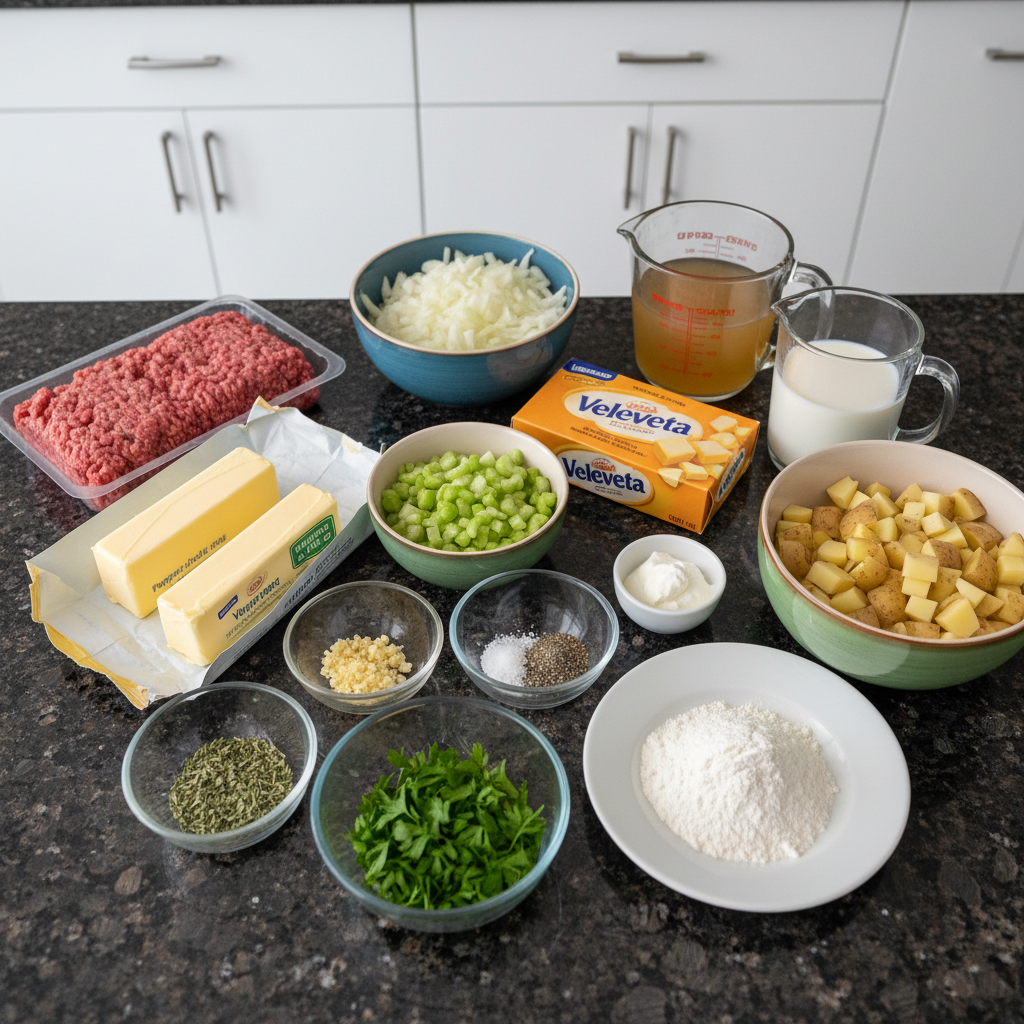 A flat lay of fresh ingredients needed for a cheeseburger soup recipe, including ground beef, cheese, and vegetables.