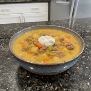 A hearty bowl of cheeseburger soup recipe, garnished with fresh parsley and crispy bacon bits.