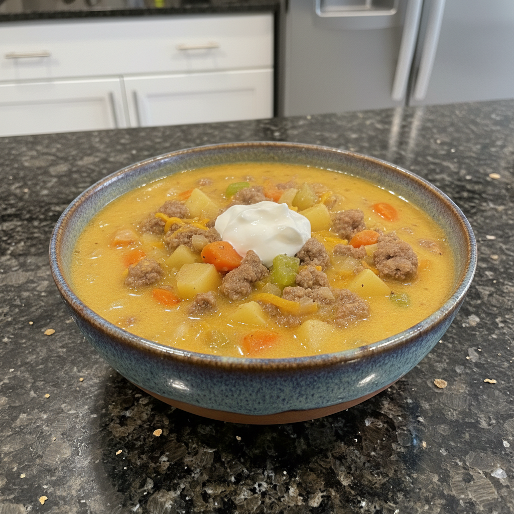A hearty bowl of cheeseburger soup recipe, garnished with fresh parsley and crispy bacon bits.