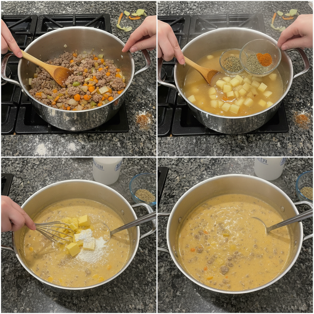 Sautéing ground beef and onions in a large pot, a key step in the cheeseburger soup recipe preparation.