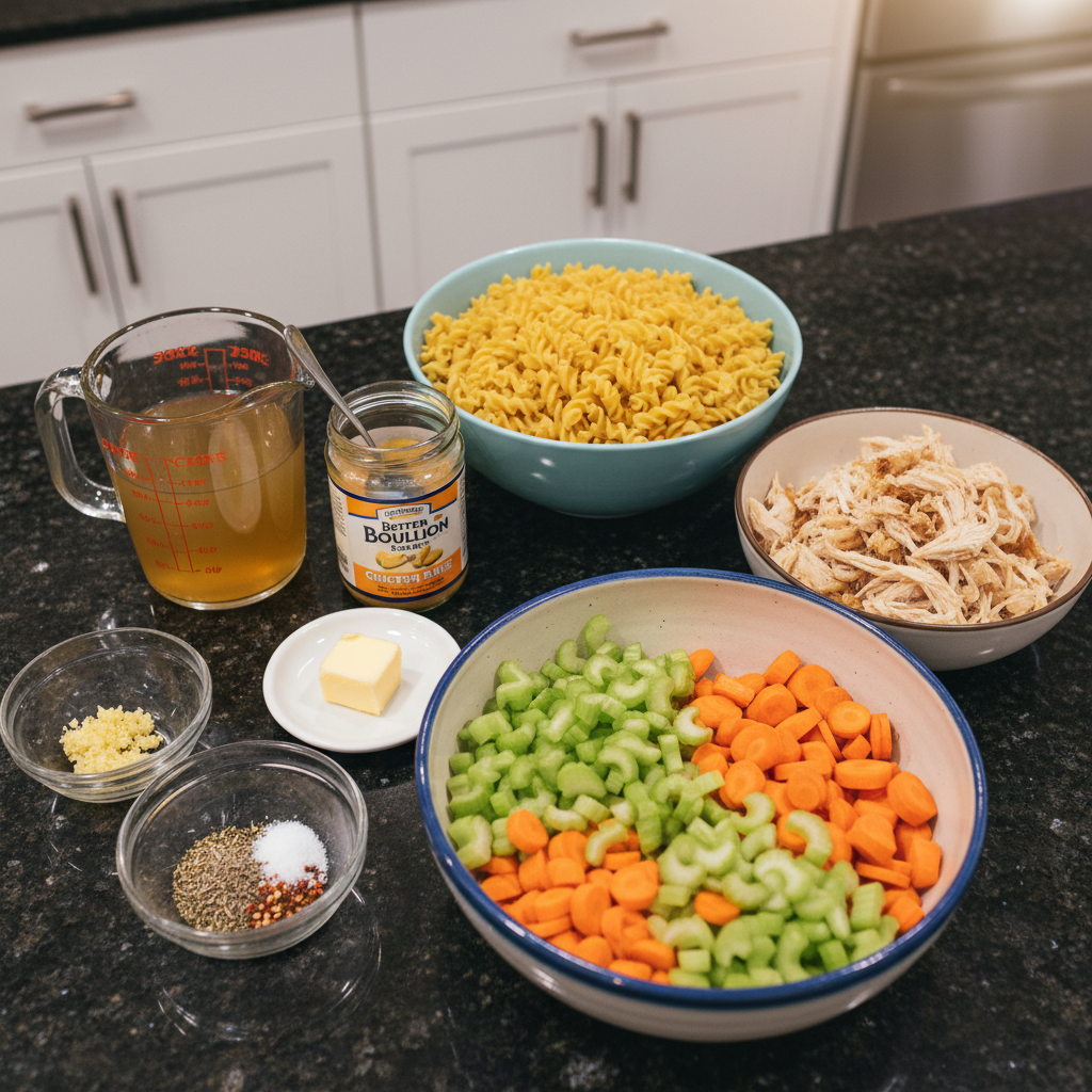 Fresh ingredients for a chicken noodle soup recipe, including chicken breast, egg noodles, carrots, and celery on a cutting board.