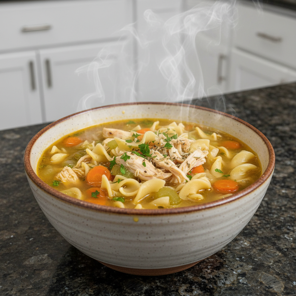 A steaming bowl of classic chicken noodle soup recipe, garnished with fresh parsley and dill.