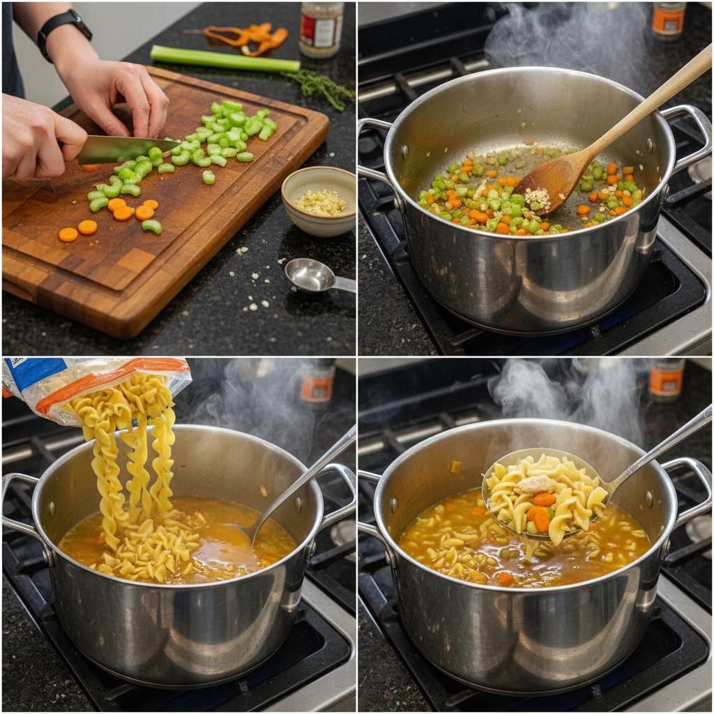 Sautéing aromatic vegetables and chicken in a large pot, a key preparatory step in this chicken noodle soup recipe.