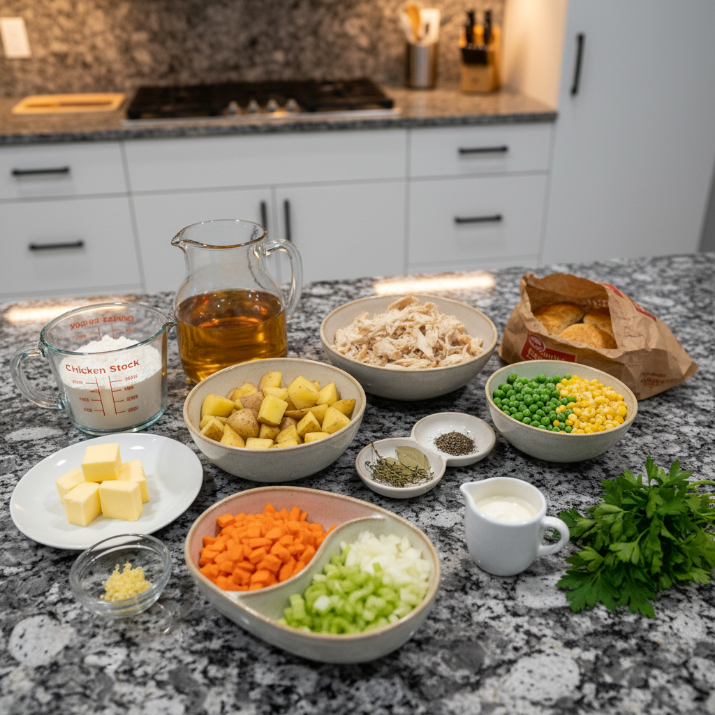 Fresh ingredients for a chicken pot pie soup recipe laid out, including chicken breast, carrots, peas, celery, potatoes, and cream.
