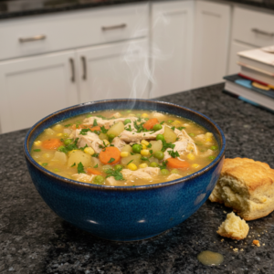 A creamy, golden bowl of chicken pot pie soup recipe, garnished with fresh herbs and a flaky biscuit on the side.