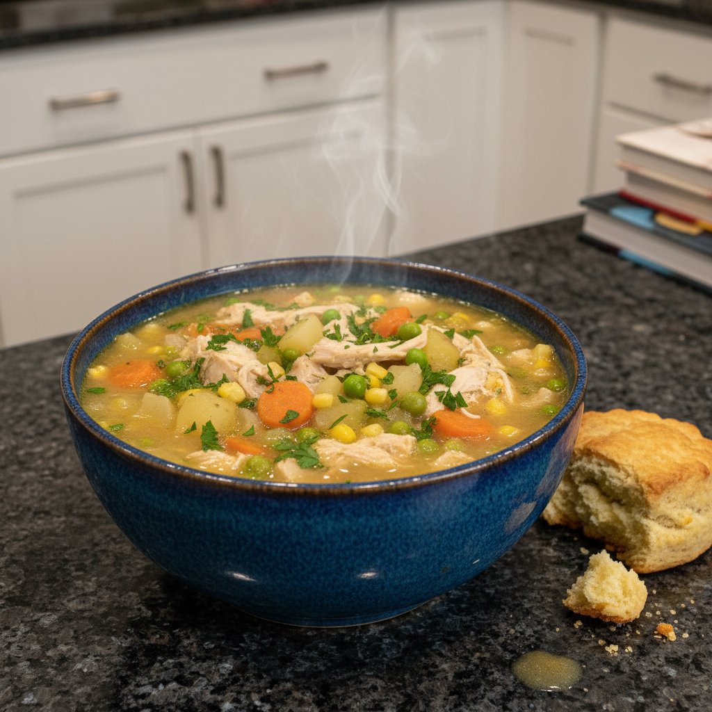 A creamy, golden bowl of chicken pot pie soup recipe, garnished with fresh herbs and a flaky biscuit on the side.