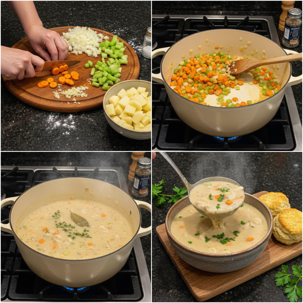 A close-up of vegetables like carrots and celery simmering in a creamy broth for the chicken pot pie soup recipe.