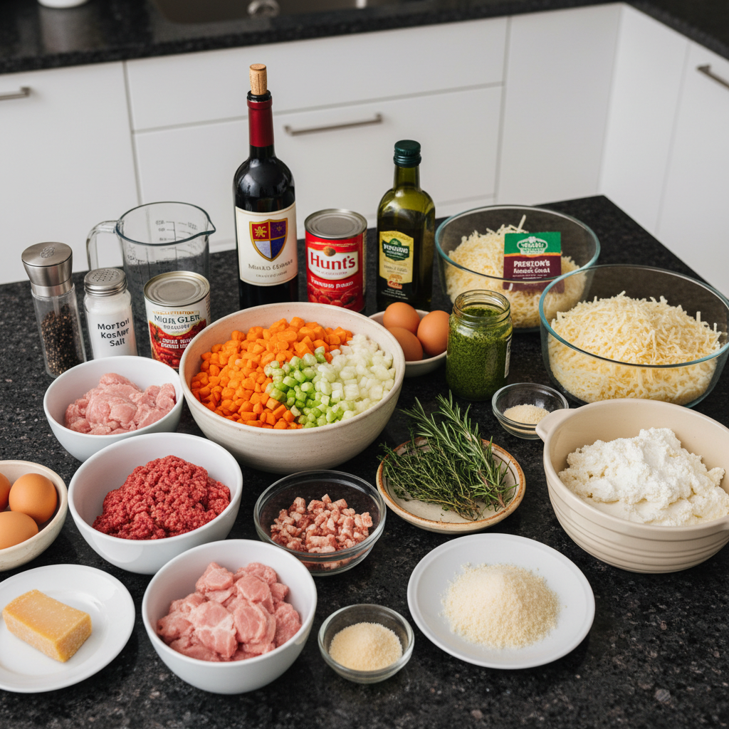 Fresh ingredients laid out on a wooden board, ready for a delicious christmas lasagna recipe, including pasta, cheese, and tomatoes.