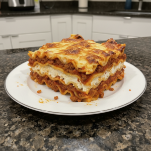 A festive, bubbling christmas lasagna recipe, layered with ricotta, spinach, and red sauce, garnished with fresh basil.