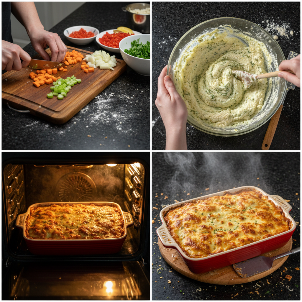 Hands assembling the layers of a christmas lasagna recipe in a baking dish, with sauce, pasta, and cheesy filling visible.