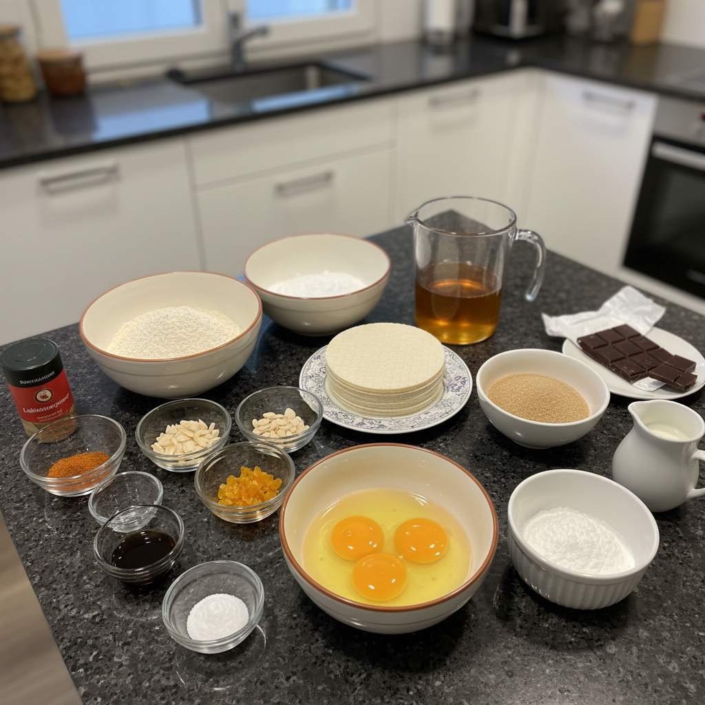 Various spices, flour, honey, and other essential ingredients laid out for a delicious Christmas Lebkuchen recipe on a wooden table.
