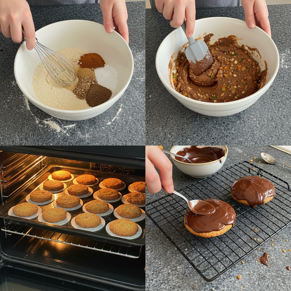 Hands rolling out and cutting the spiced dough into rounds on a floured surface for traditional German Christmas Lebkuchen cookies.