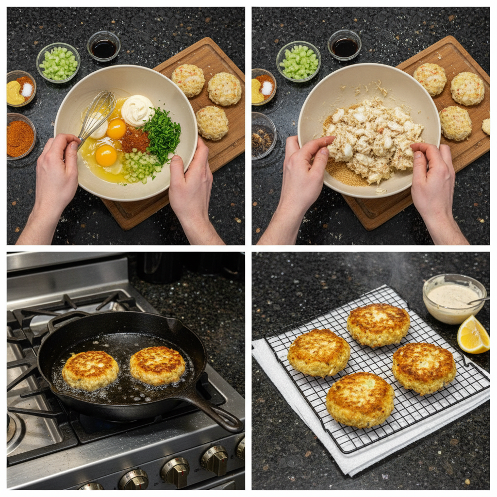 Hands gently forming mixture into uniform crab cakes patties on a wooden board, ready for cooking.