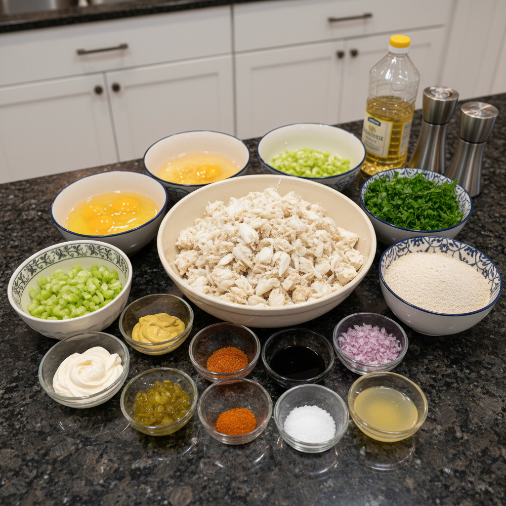 A rustic display of fresh ingredients for crab cakes, including lump crab meat, eggs, breadcrumbs, mayonnaise, Dijon mustard, and herbs.