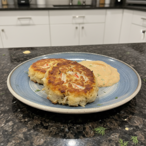 Golden-brown, perfectly seared crab cakes garnished with fresh parsley and a lemon wedge, ready to serve.