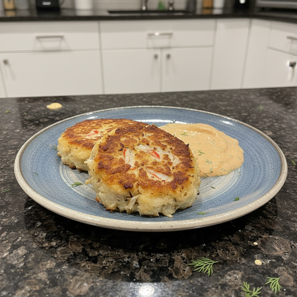Golden-brown, perfectly seared crab cakes garnished with fresh parsley and a lemon wedge, ready to serve.