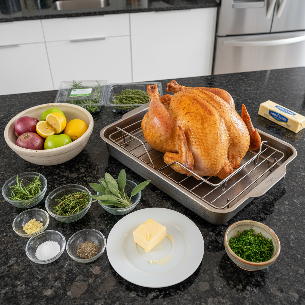 Fresh ingredients like a raw turkey, herbs, butter, and vegetables laid out for easy roasted turkey.