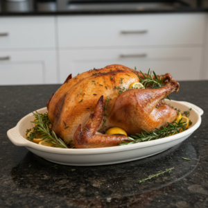 A golden-brown, glistening easy roasted turkey, carved on a platter with fresh herbs.