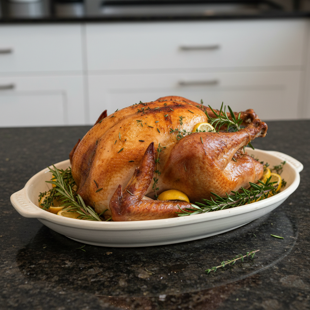 A golden-brown, glistening easy roasted turkey, carved on a platter with fresh herbs.