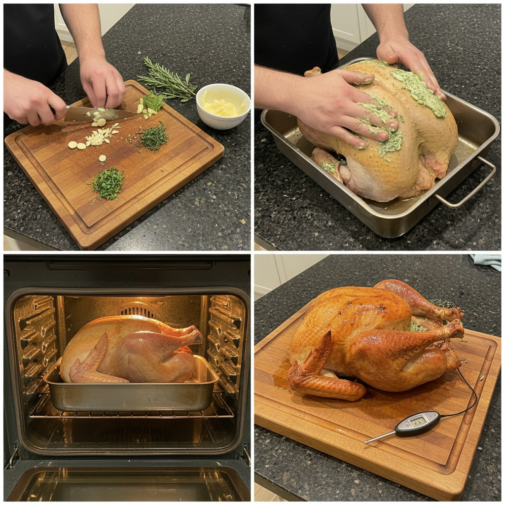 Hands seasoning a raw turkey in a roasting pan, demonstrating easy roasted turkey preparation.