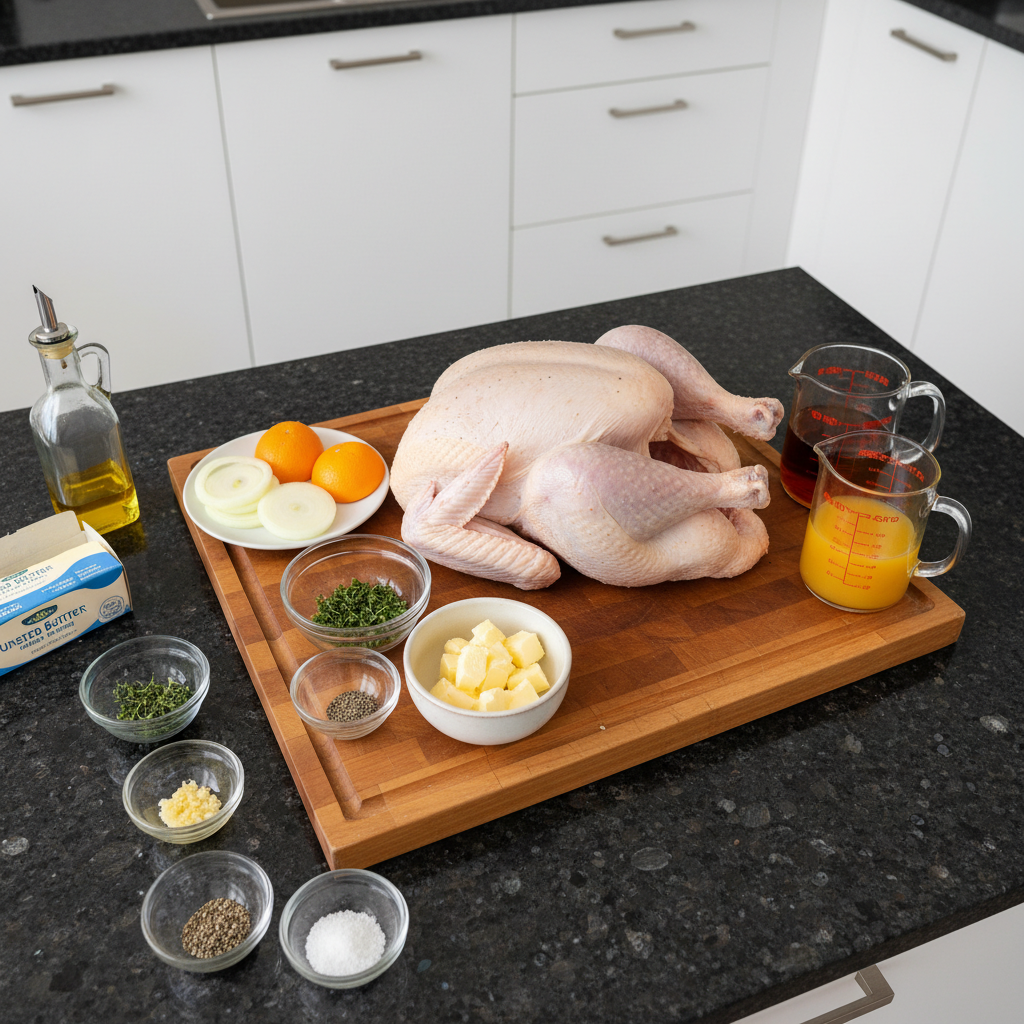 Fresh ingredients for maple orange glazed spatchcock turkey, including a raw turkey, oranges, and maple syrup, laid out on a wooden board.