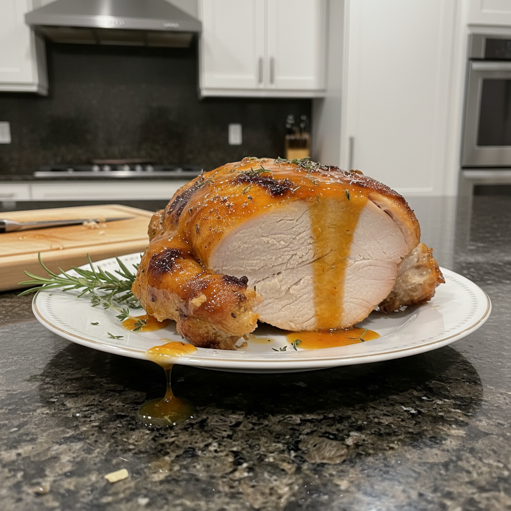 Golden brown maple orange glazed spatchcock turkey, carved and ready to serve on a platter.