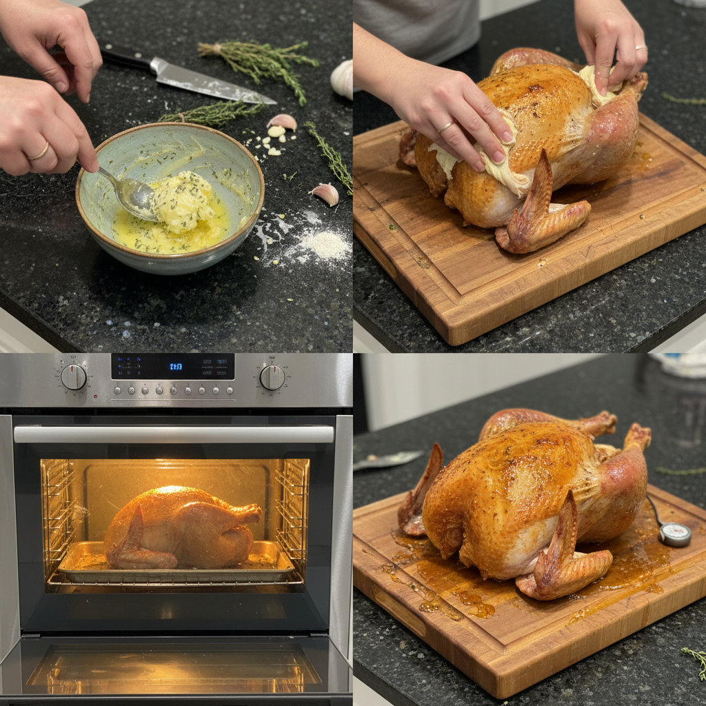A raw spatchcock turkey being brushed with a rich maple orange glaze before roasting.