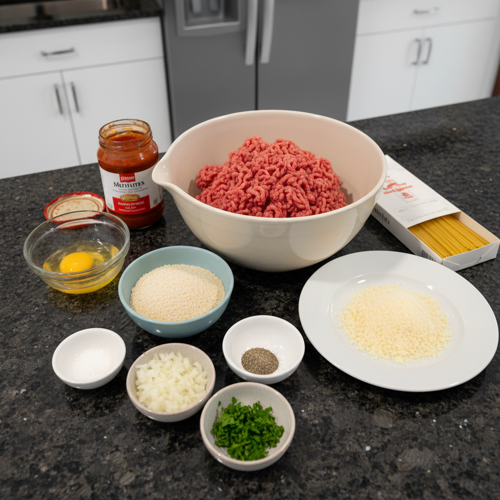 Fresh ingredients laid out for making delicious homemade meatballs, including ground meat, herbs, and spices.