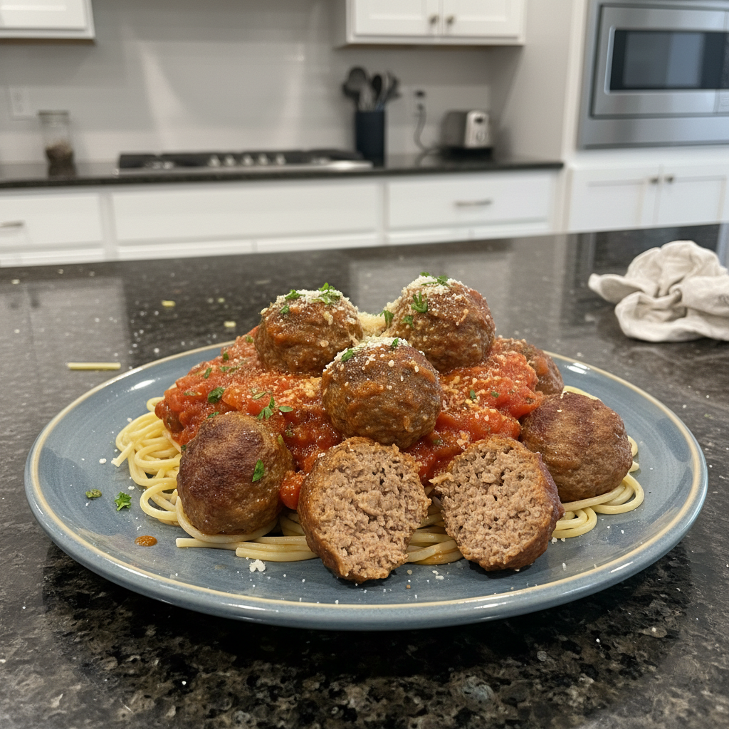 Delicious homemade meatballs simmering in rich tomato sauce, ready to serve.