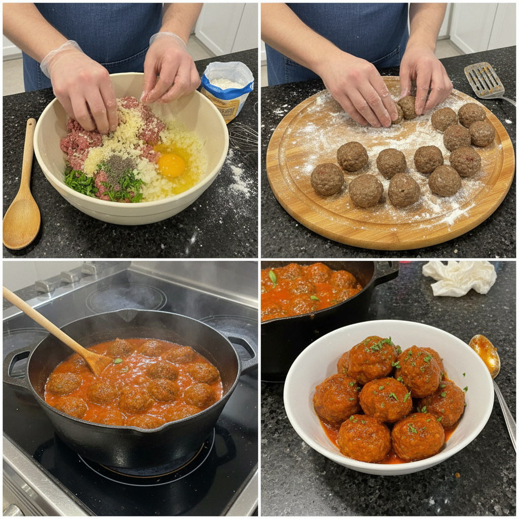 Hands shaping ground meat mixture into small, uniform meatballs on a cutting board, ready for cooking.