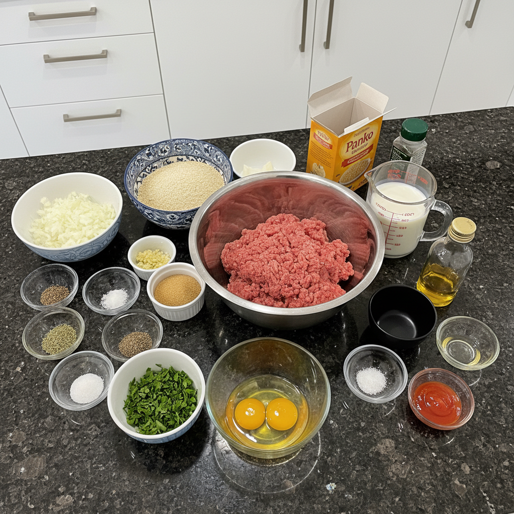 Fresh ingredients laid out for making a delicious Meatloaf, including ground beef, breadcrumbs, and various spices.