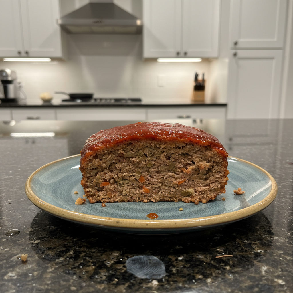 A perfectly baked Meatloaf, sliced and ready to serve, with a sweet and tangy glaze on top.