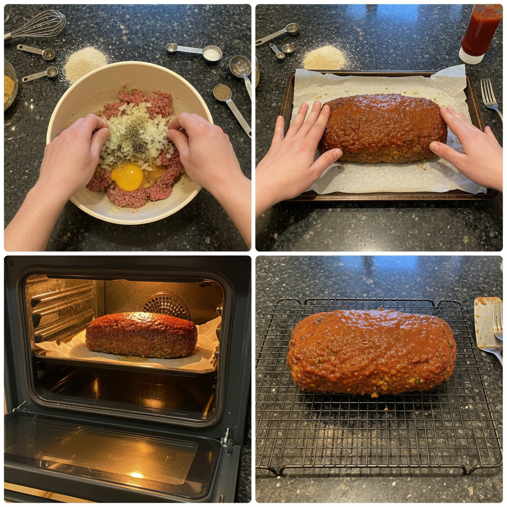 Hands mixing ingredients together in a large bowl, preparing the mixture for a homemade Meatloaf recipe.