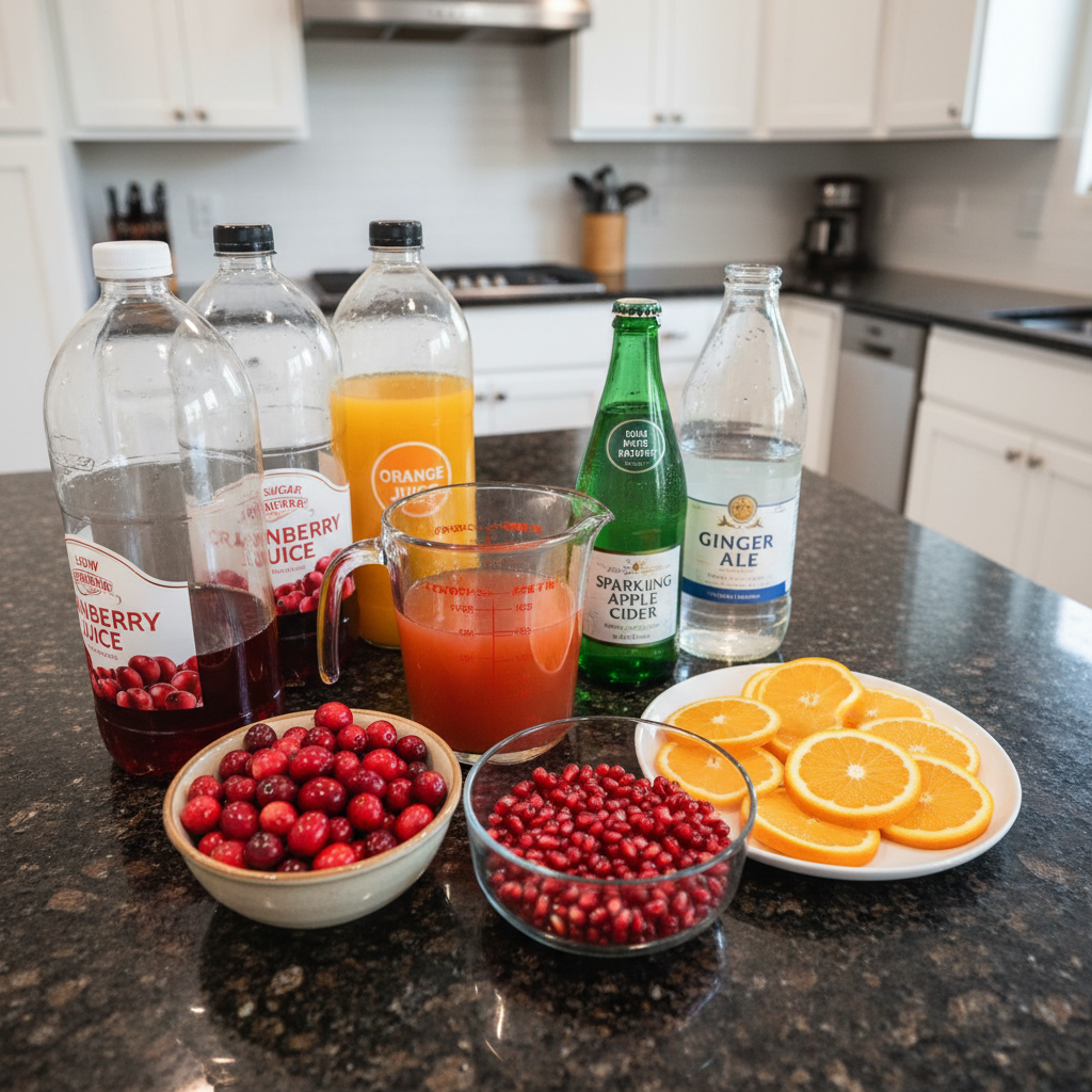 Fresh fruit, sparkling cider, juices, and spices laid out as ingredients for a non alcoholic Christmas punch recipe.