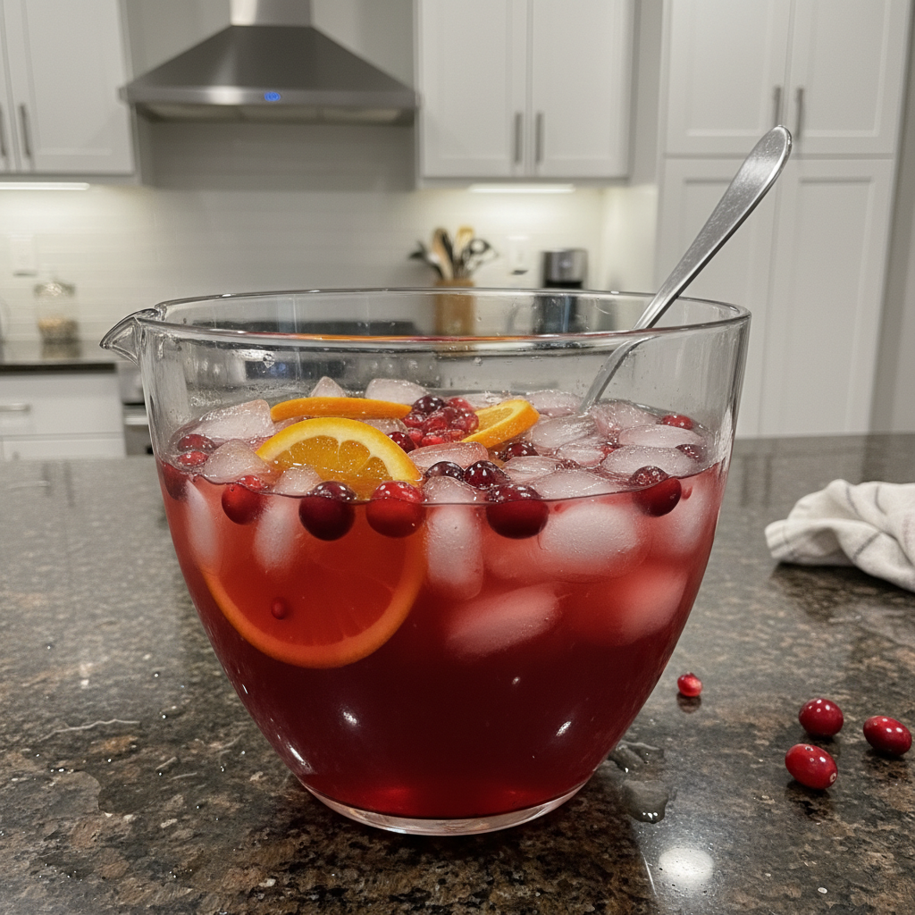 A vibrant pitcher of non alcoholic Christmas punch recipe, garnished with cranberries and rosemary, ready for serving.