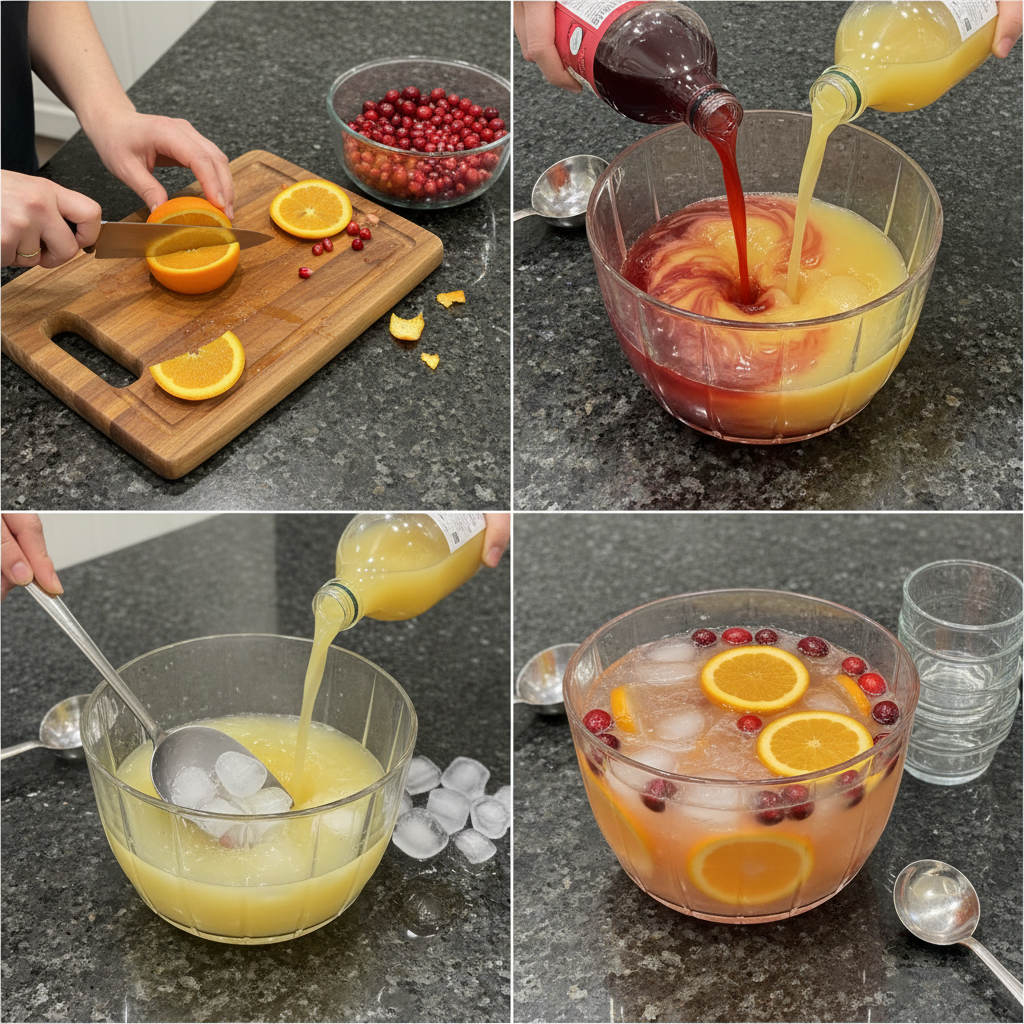 Hands pouring sparkling cider into a large punch bowl during the preparation of a non alcoholic Christmas punch recipe.